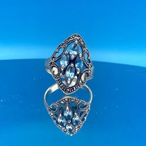 Vintage Sterling Silver Swiss Blue Topaz Open-Work Ring
